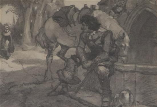 Pencil sketch, a Cavalier at the fountain, 18 x 24cm